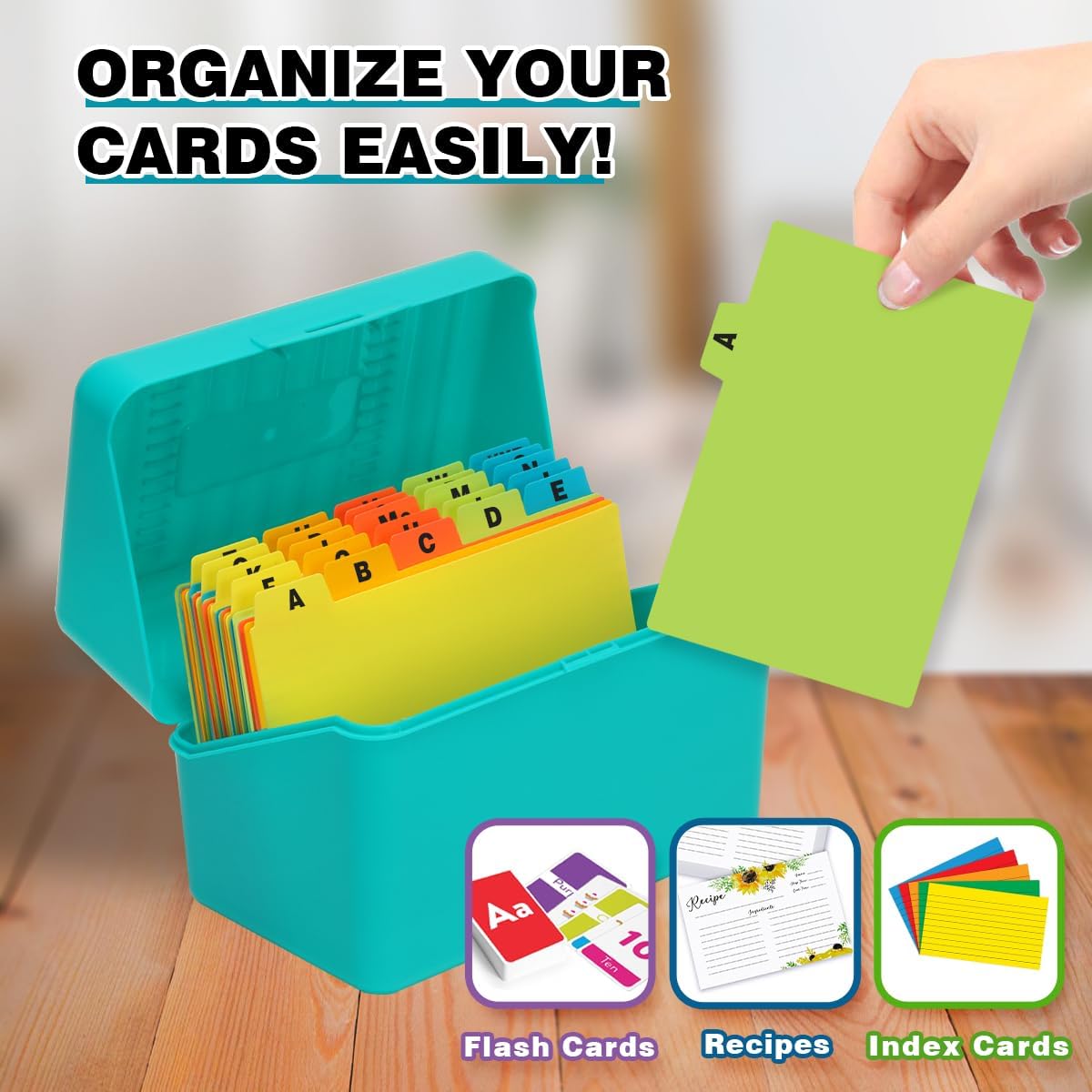 H4D Index Card Holder 4x6 Inches with 25 Plastic Dividers, Teal