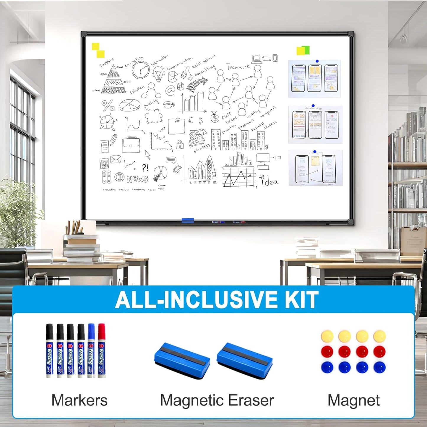 H-Qprobd 70"x40" White Board for Wall Large Magnetic Dry Erase Board with Black Aluminum Frame, Presentation Whiteboard Suitable for Home, Office, Classroom & Kitchen