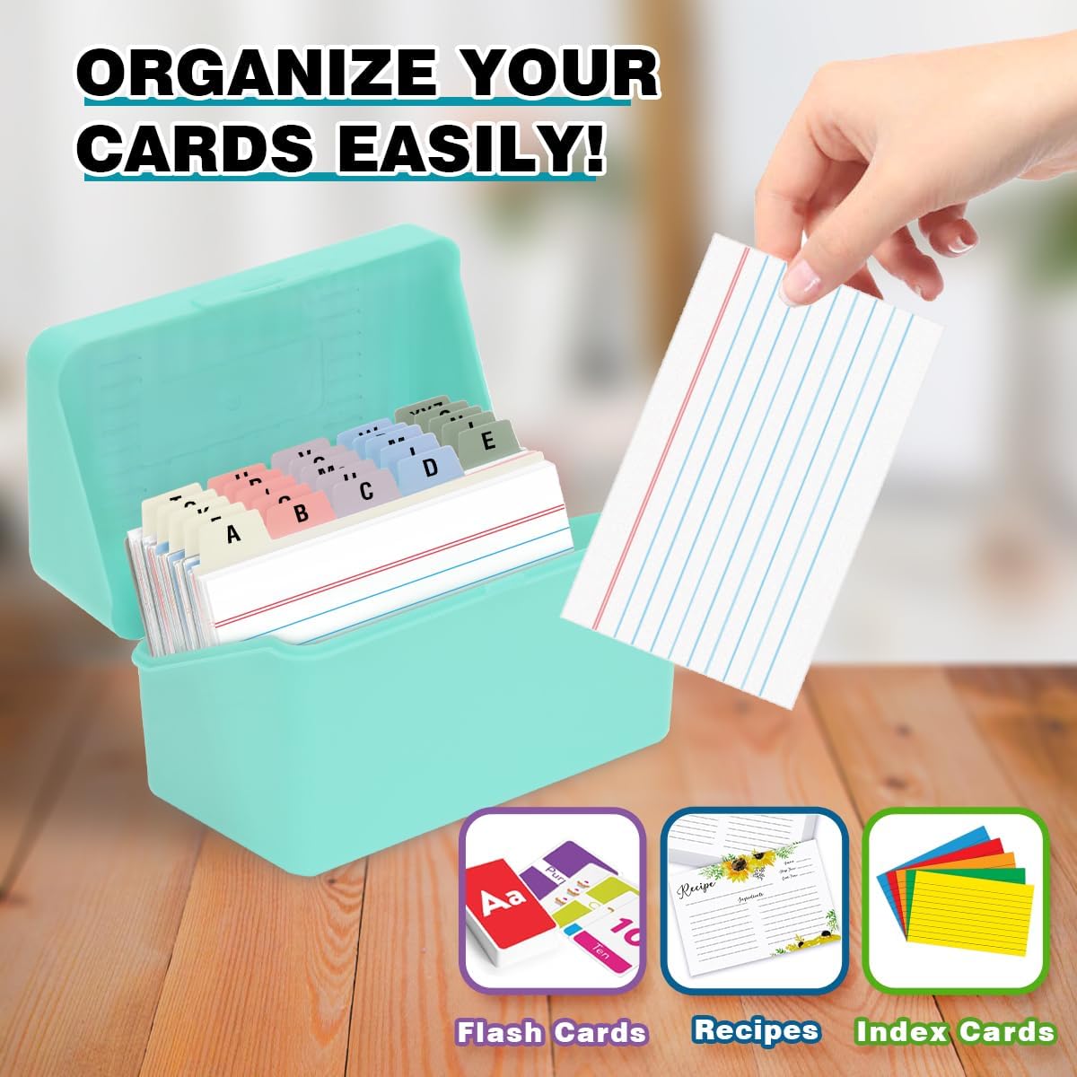 H4D 3x5 Index Card Holder with 100 Heavyweight Ruled Index Cards and 25 Plastic Dividers, Mint Green