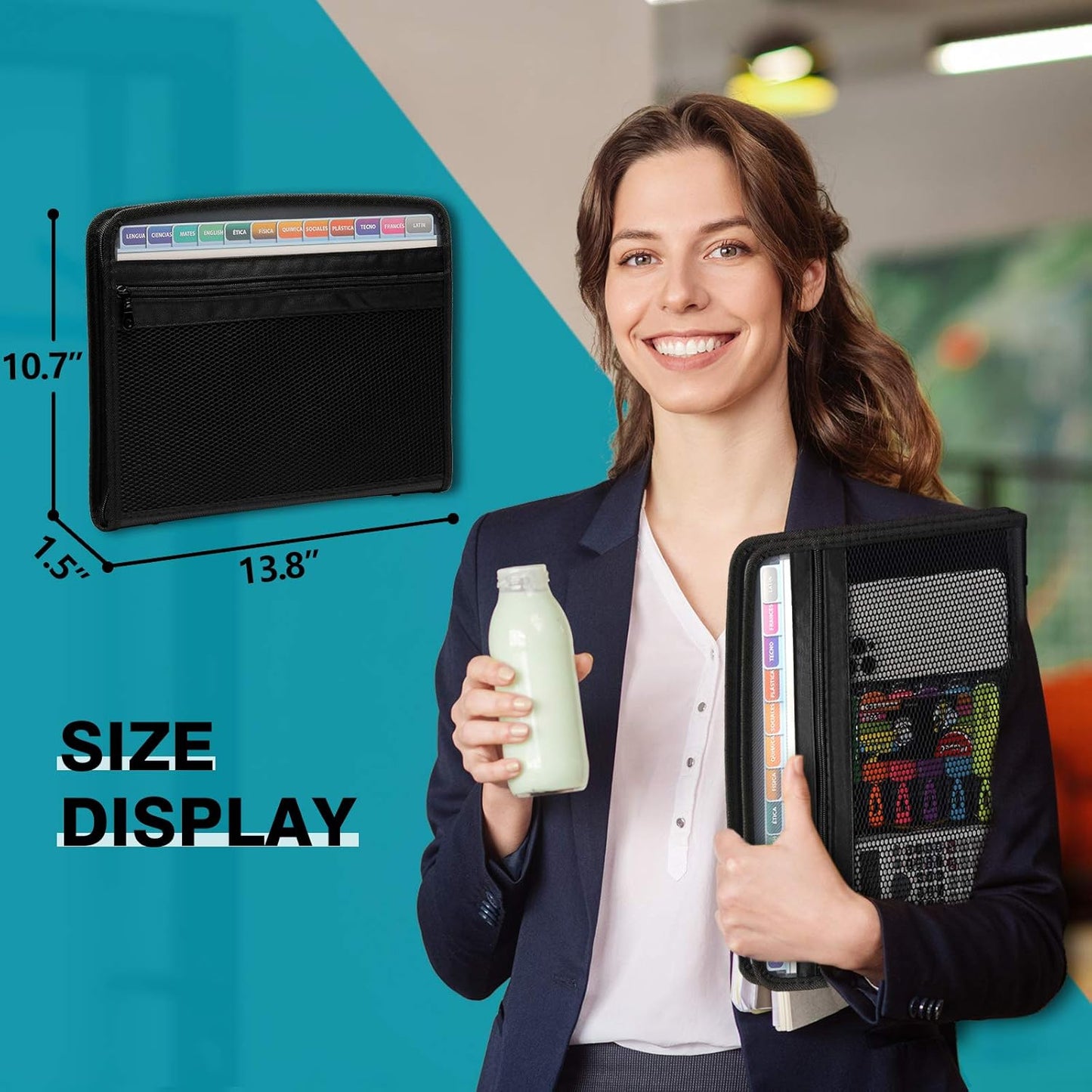 H4D Zippered Accordion File Organizer with Front Mesh Pouch, 13 Pocket Expanding File Folder, Fit for Documents Letter Size A4 Papers, Clear