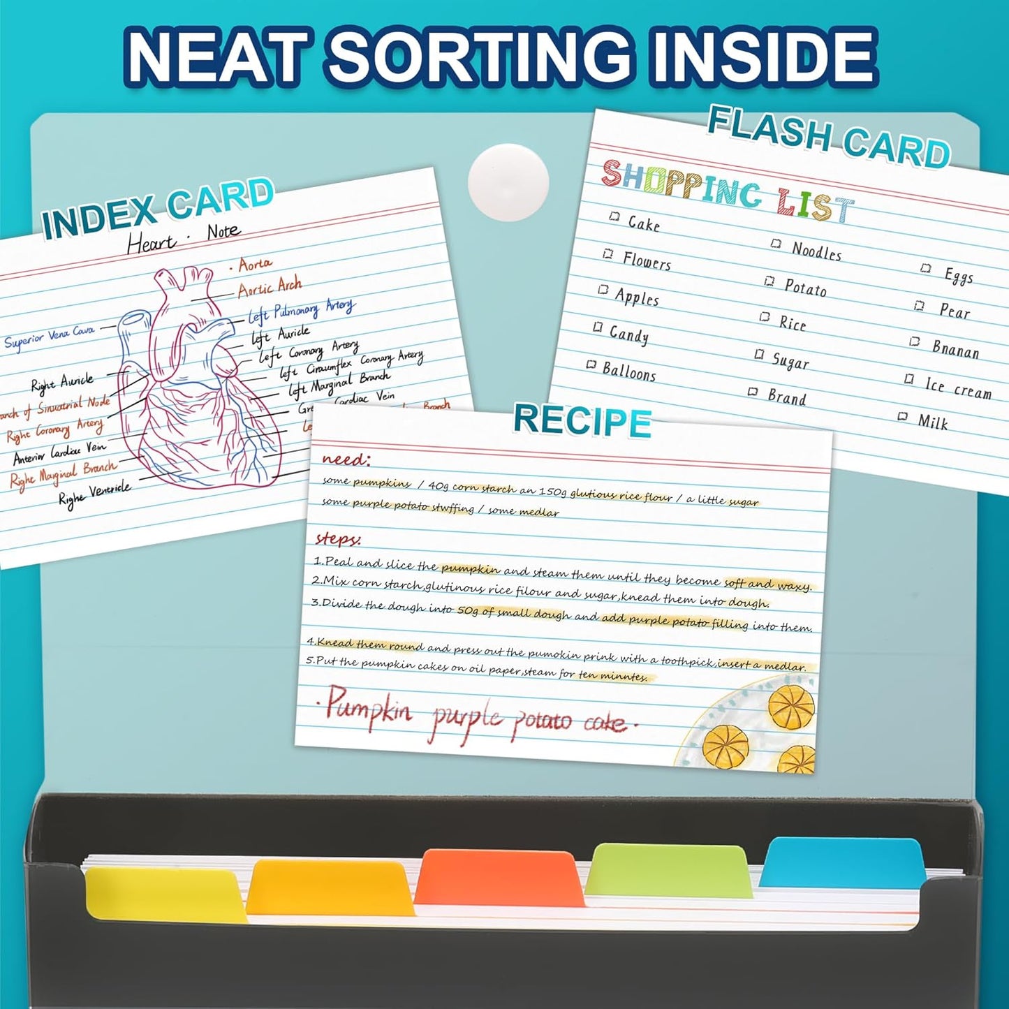 H4D 4x6 Index Card Case with 100 Heavyweight Ruled Index Cards and Dividers, Black