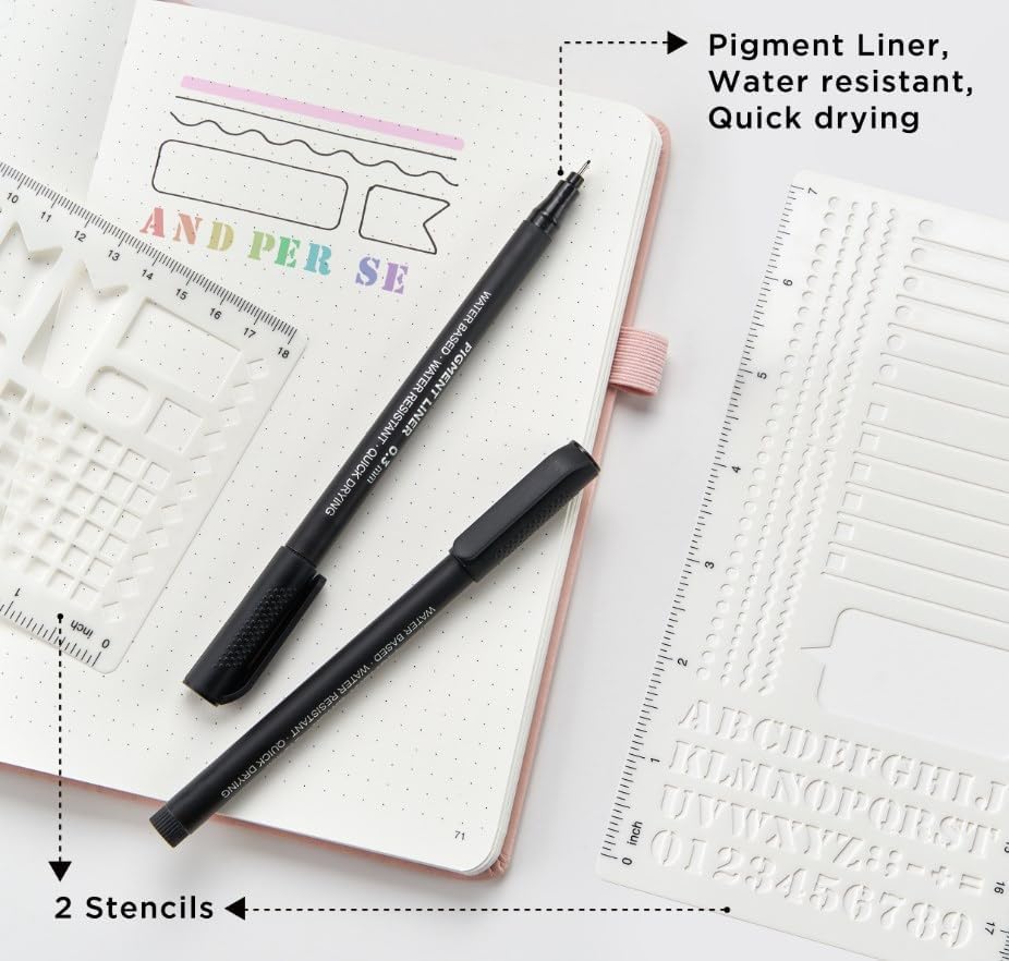 &And Per Se Bullet Dotted Journal Notebook, A5 Leather Hardcover, 176 Numbered Pages 100GSM Thick Dotted Paper, 2 Sheets of Stencils Included - 5.7'' x 8'' (Light Apricot)