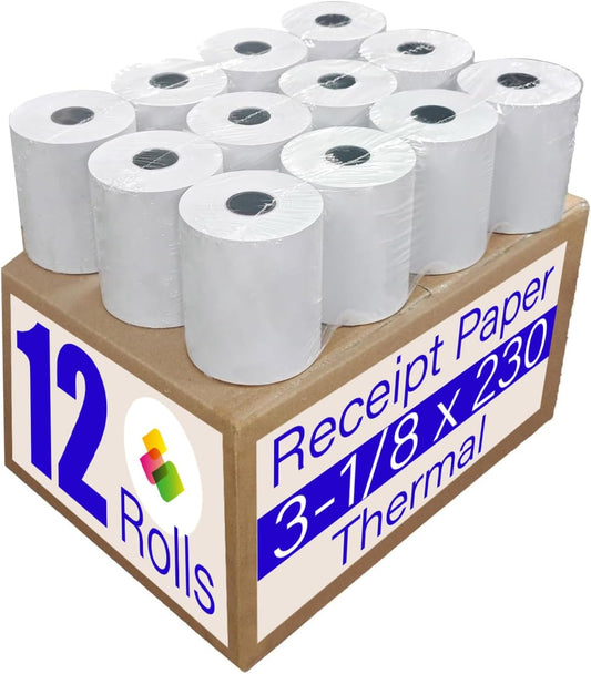 (12 Rolls) 3 1/8 x 230 Thermal Paper Receipt Rolls Fits All POS Cash Registers BPA Free Compatible with Star star TSP100III TSP143III TSP143IV TSP650II TSP800II MC-Print3 3000LABELS DIRECT