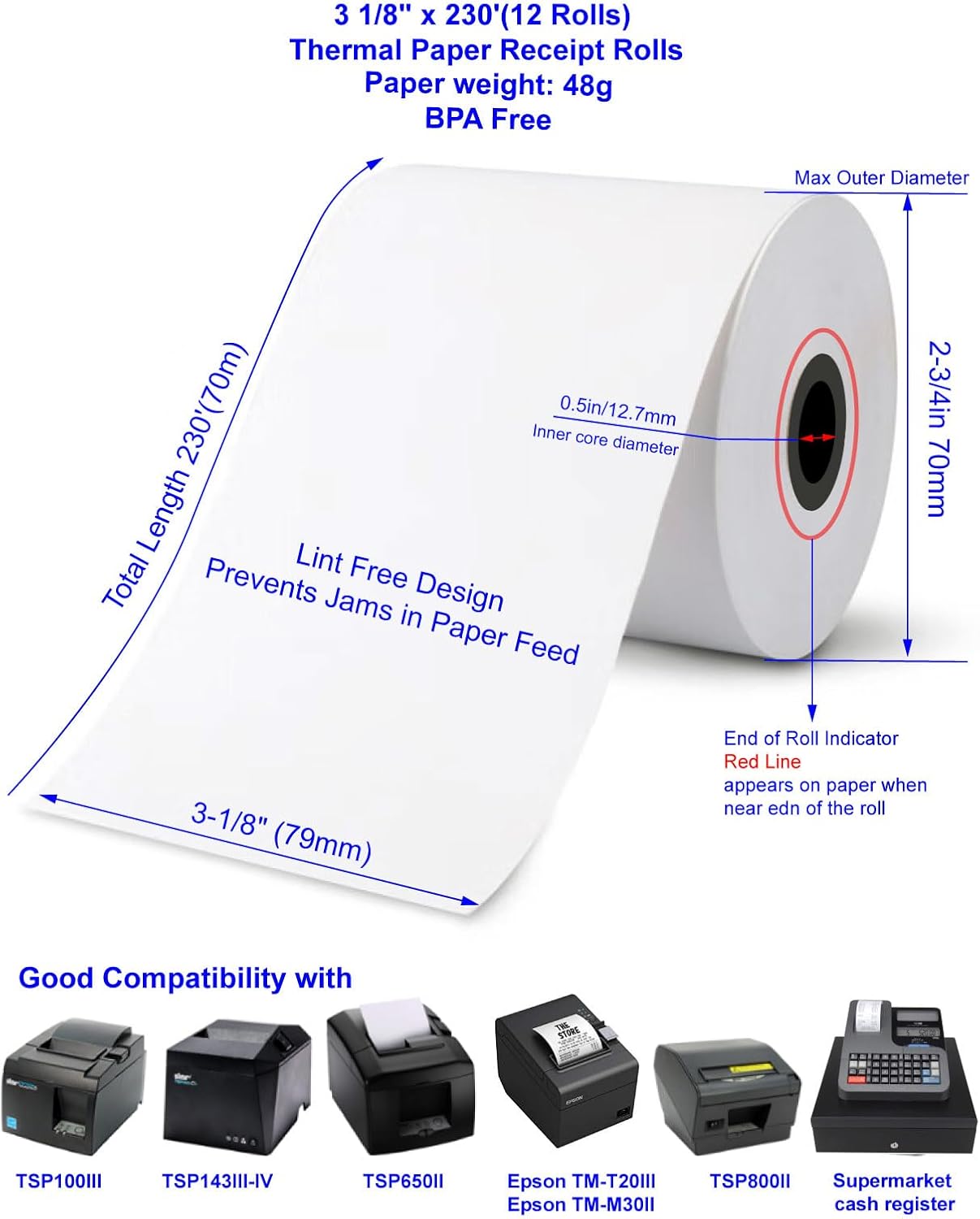 (12 Rolls) 3 1/8 x 230 Thermal Paper Receipt Rolls Fits All POS Cash Registers BPA Free Compatible with Star star TSP100III TSP143III TSP143IV TSP650II TSP800II MC-Print3 3000LABELS DIRECT