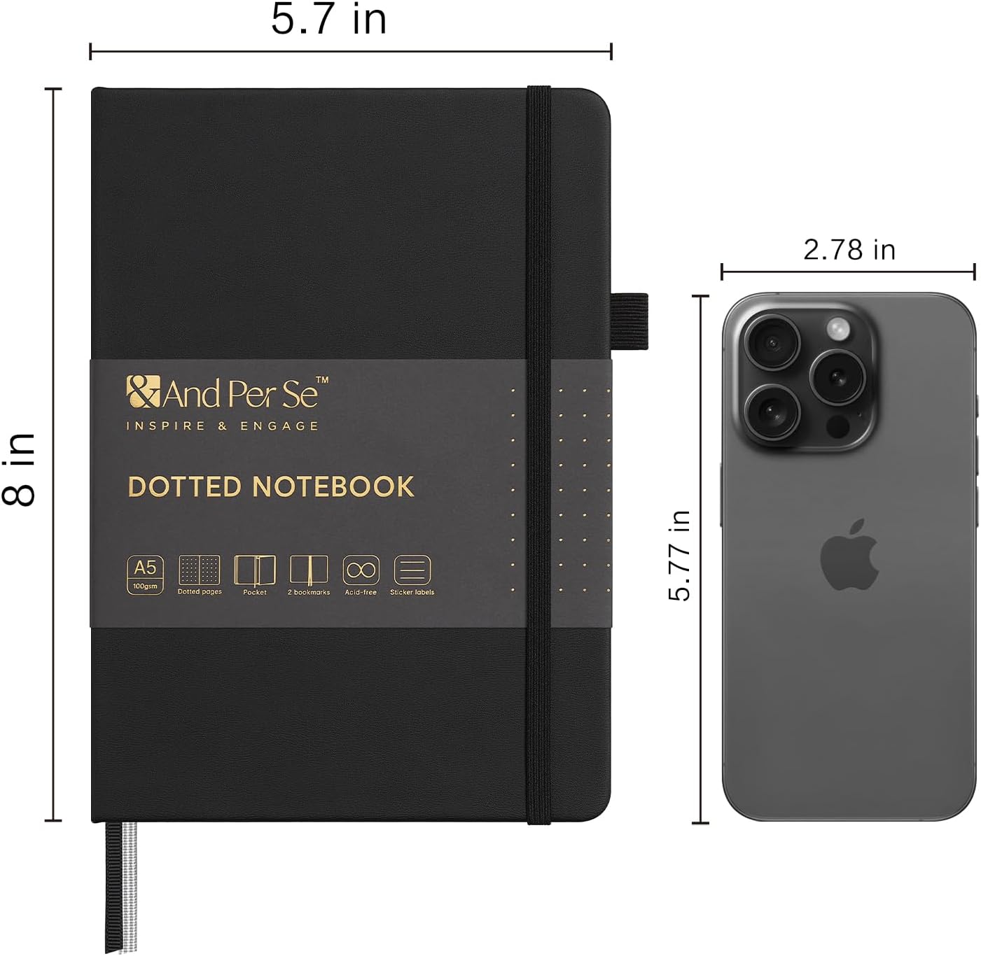 &And Per Se Dotted Journal Notebook (5 Packs), A5 Hardcover Leather Dotted Journal, 160 Pages 100 gsm Thick Paper, 3 Sheets of Stickers Included- 5.7'' x 8'' (Black