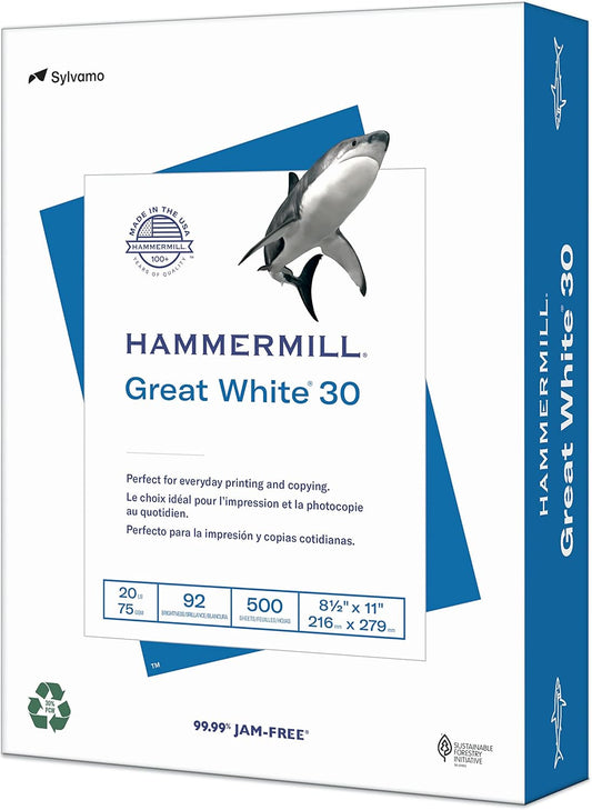 Hammermill Printer Paper, Great White 30% Recycled Paper, 8.5 x 11-1 Ream (500 Sheets) - 92 Bright, Made in the USA, 086710