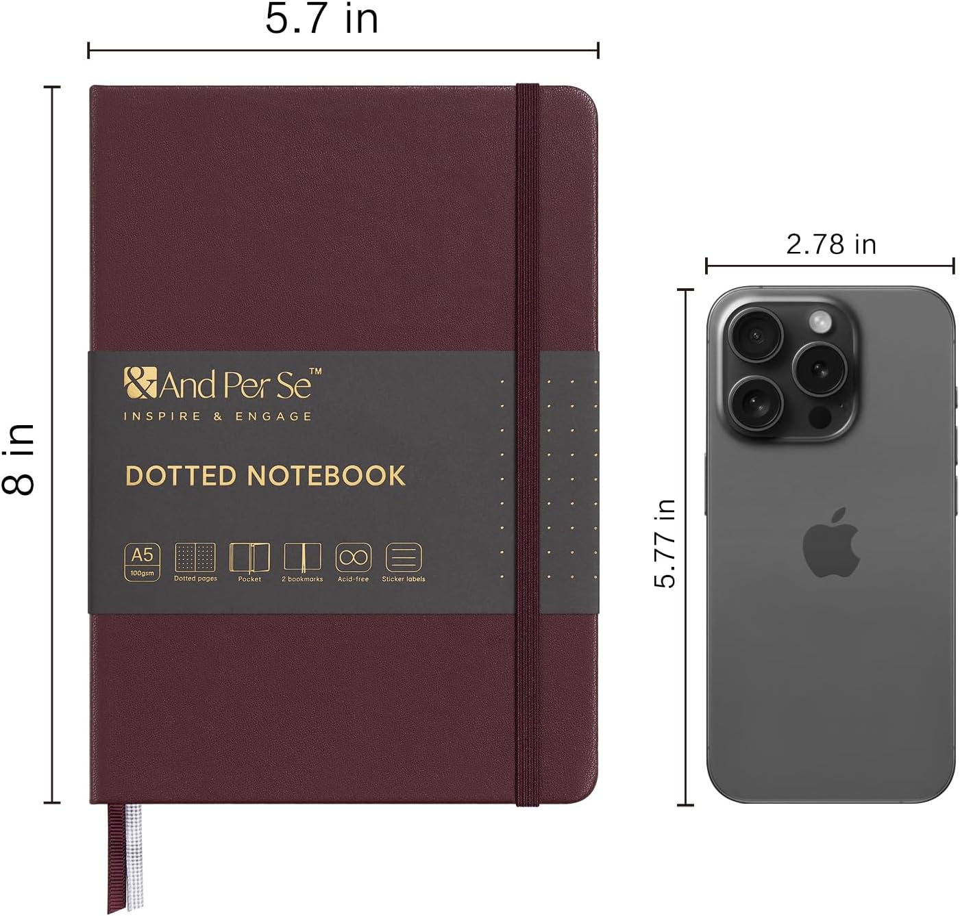 &And Per Se Dotted Journal Notebook, A5 Hardcover Leather Bullet Dotted Journal, 160 Pages 100 gsm Thick Paper，3 Sheets of Stickers Included - 5.7'' x 8''（Dark Red）