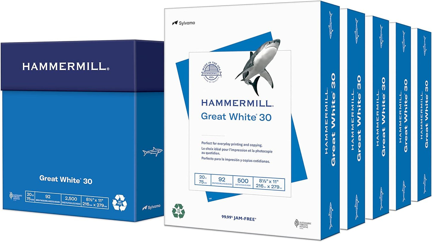 Hammermill Printer Paper, Great White 30% Recycled Paper, 8.5 x 11 - 5 Ream (2,500 Sheets) - 92 Bright, Made in the USA