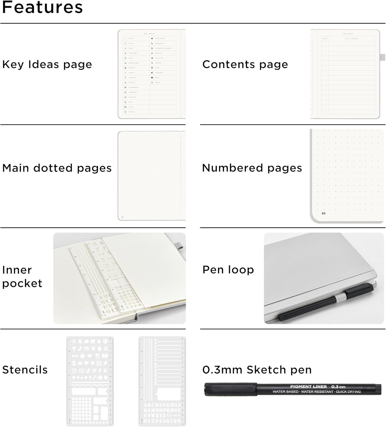 &And Per Se Bullet Dotted Journal Notebook, A5 Leather Hardcover, 176 Numbered Pages 100GSM Thick Dotted Paper, 2 Sheets of Stencils Included - 5.7'' x 8'' (Grey)