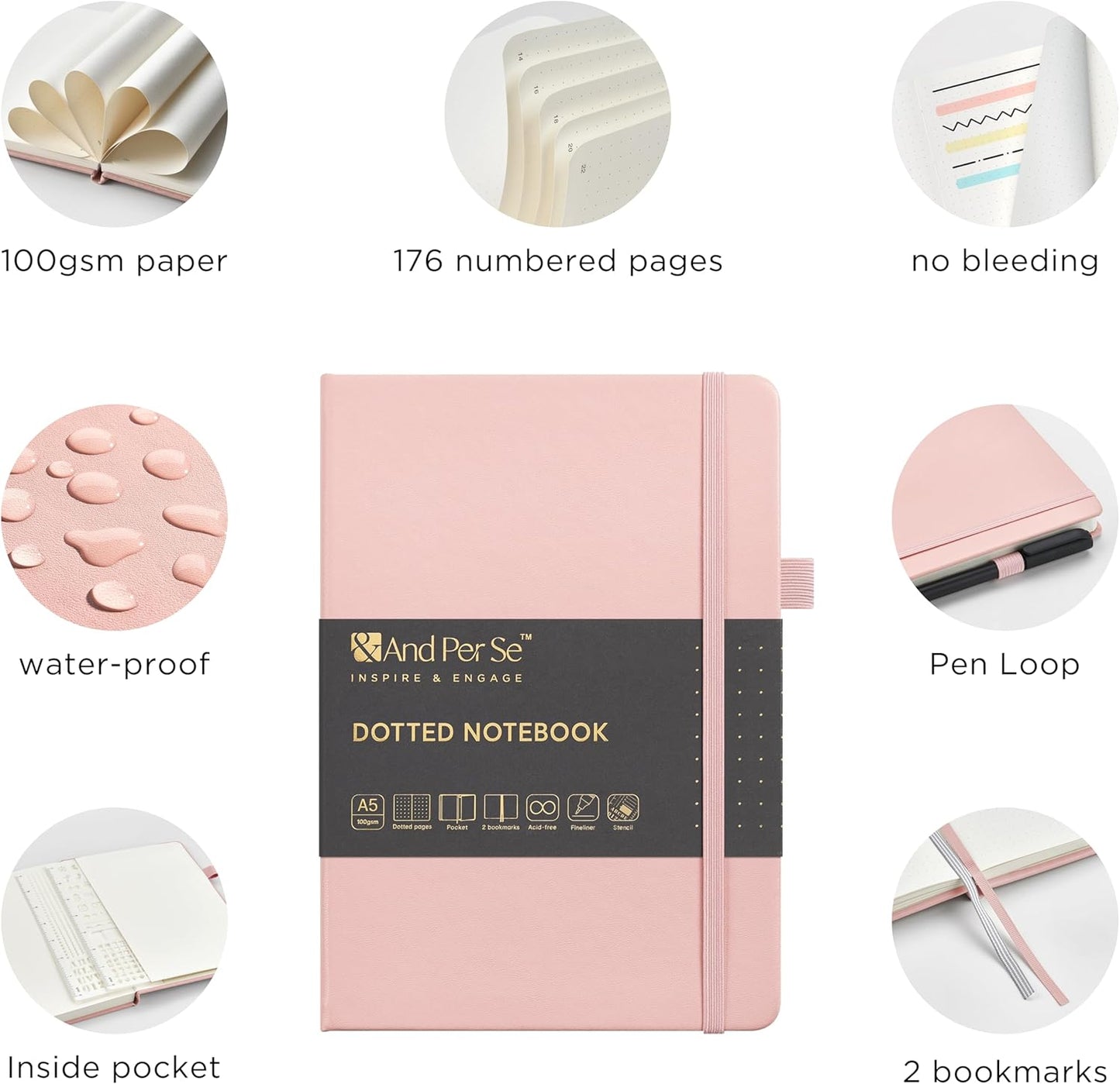 &And Per Se Bullet Dotted Journal Notebook, A5 Leather Hardcover, 176 Numbered Pages 100GSM Thick Dotted Paper, 2 Sheets of Stencils Included - 5.7'' x 8'' (Pink)