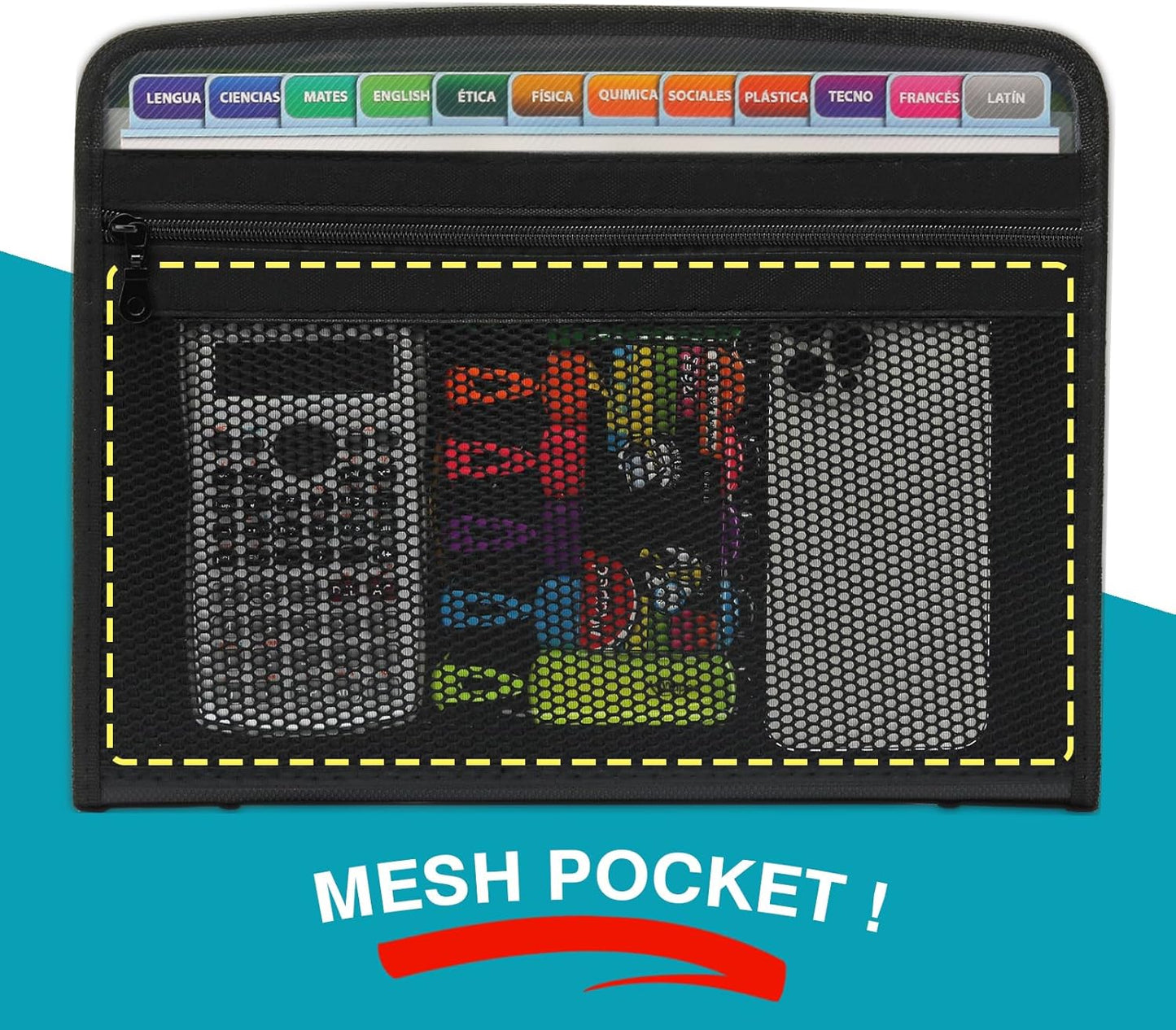 H4D Zippered Accordion File Organizer with Front Mesh Pouch, 13 Pocket Expanding File Folder, Fit for Documents Letter Size A4 Papers, Clear