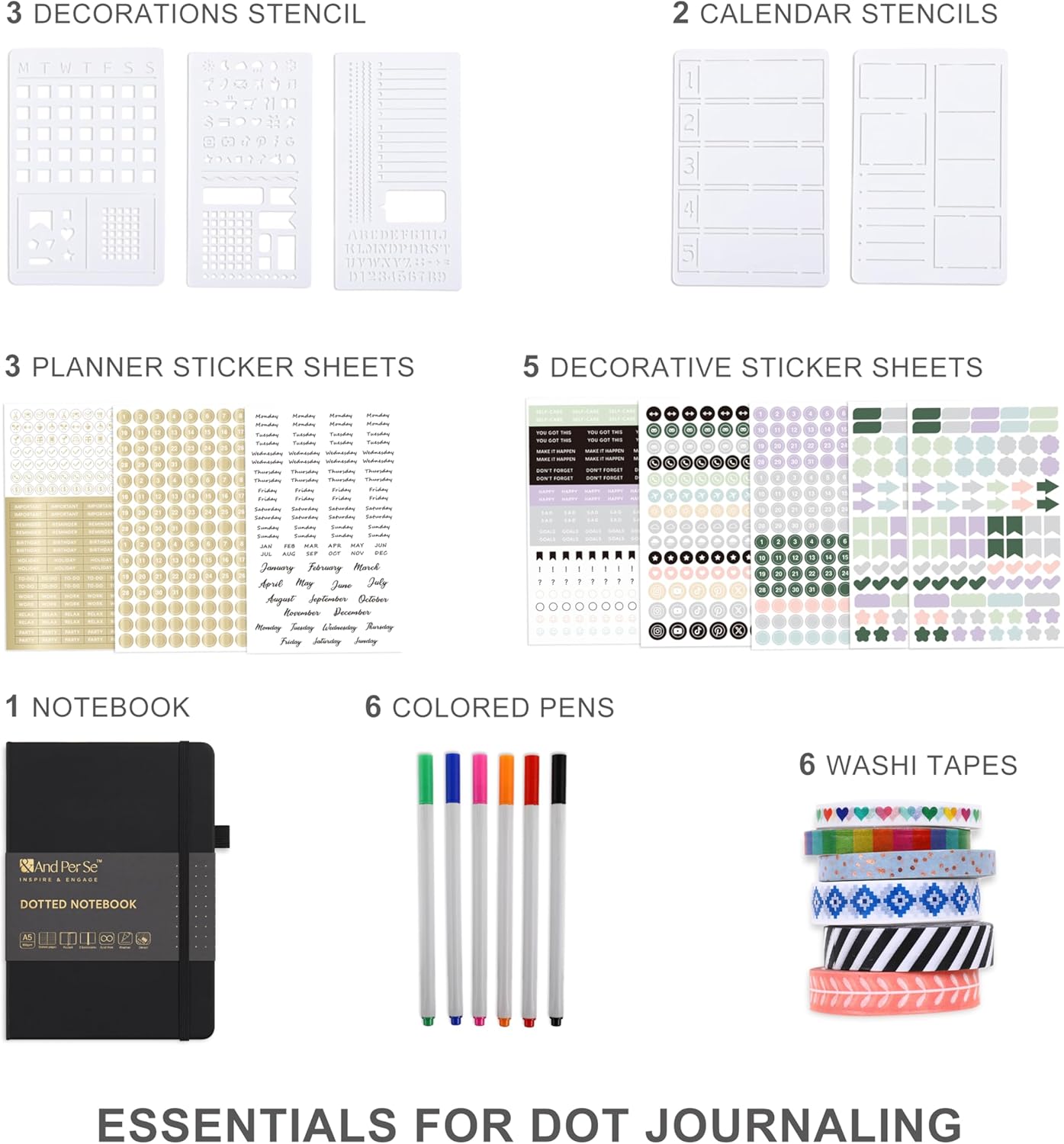 &And Per Se Dotted Journal Notebook Set, A5 Hardcover Dotted Journal (Black), 6 Fineliner Pens, 8 Sticker, 5 Stencil Sheets & 6 Washi Tapes, Journaling Supplies for Planner Schedule