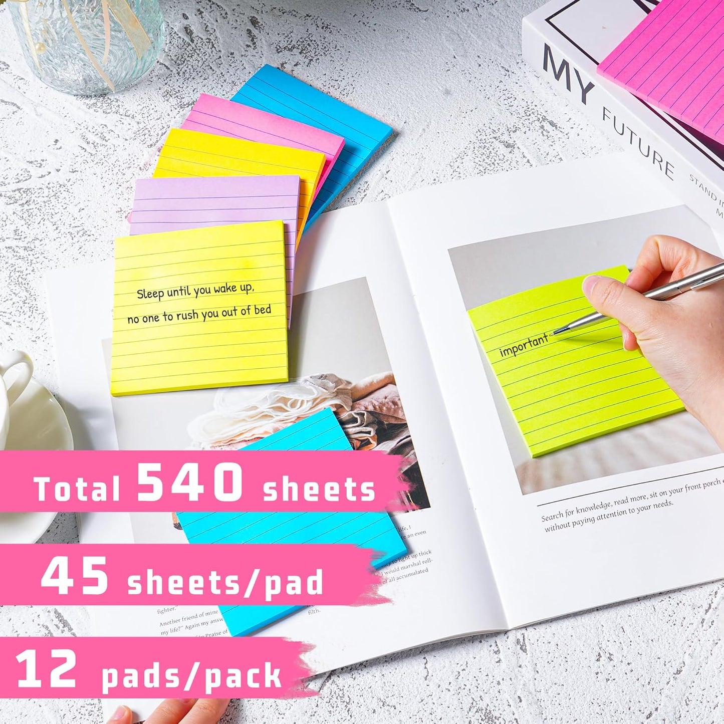 (12 Pads) Lined Sticky Notes 4x4 in Post, 6 Bright Colors with Lines Self-Stick Note Pads it, Strong Adhesive, 46 Sheets/Pad, 552 Sheets in Total