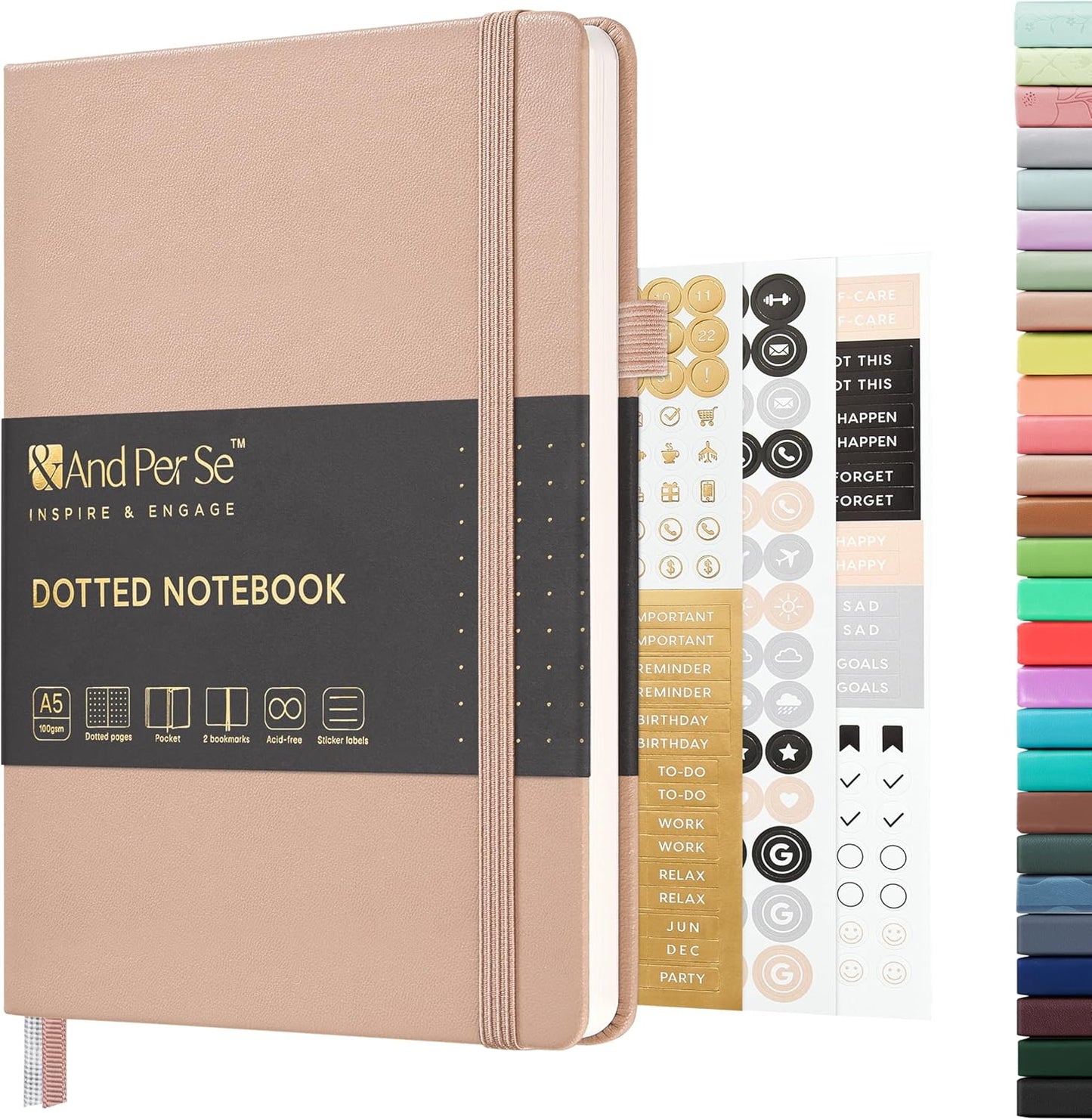 &And Per Se Dotted Journal Notebook, A5 Hardcover Leather Bullet Dotted Journal, 160 Pages 100 gsm Thick Dotted Paper，3 Sheets of Stickers Included - 5.7'' x 8''（Apricot）